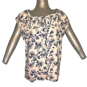 MOD Lusive Blue and White Floral Top with Smocking Detail Size S
